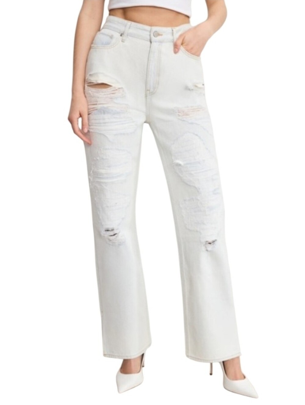 Good American Khloe Jean High Rise Straight Leg Distressed Rigid Light Wash 27 4